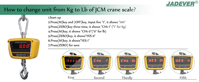 como cambiar la unidad entre kg y lb de una báscula de grúa JCM

