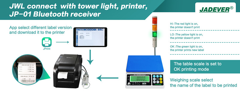 JWL se conecta con la impresora Tower Light,, y el receptor bluetooth JP-01 al mismo tiempo
