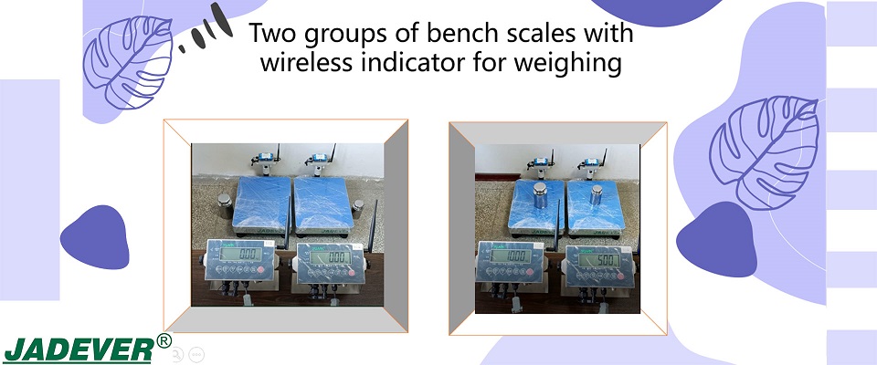 Dos grupos de balanzas de sobremesa con indicador inalámbrico para pesaje
